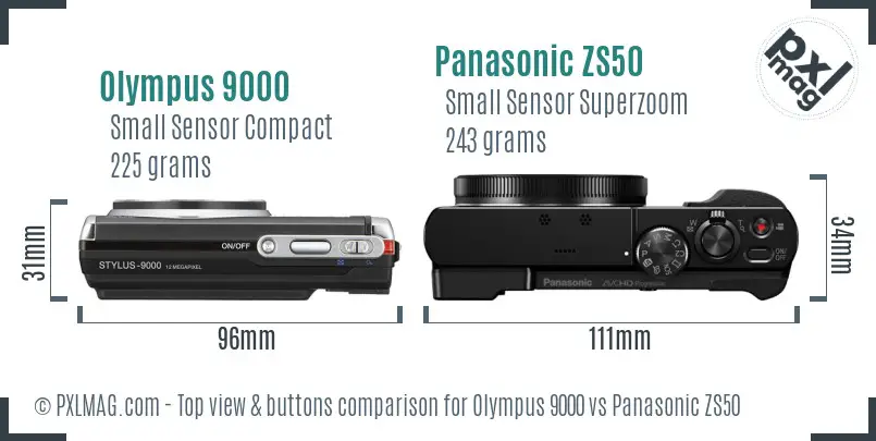 Olympus 9000 vs Panasonic ZS50 top view buttons comparison