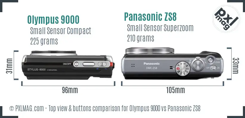 Olympus 9000 vs Panasonic ZS8 top view buttons comparison