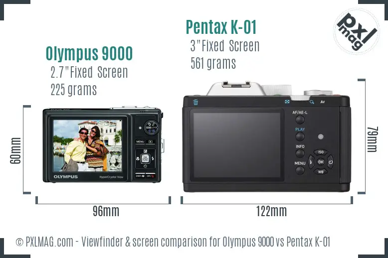 Olympus 9000 vs Pentax K-01 Screen and Viewfinder comparison