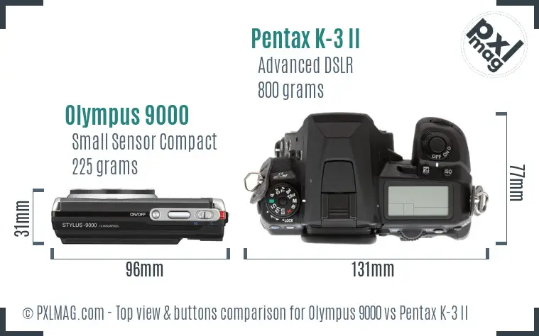 Olympus 9000 vs Pentax K-3 II top view buttons comparison