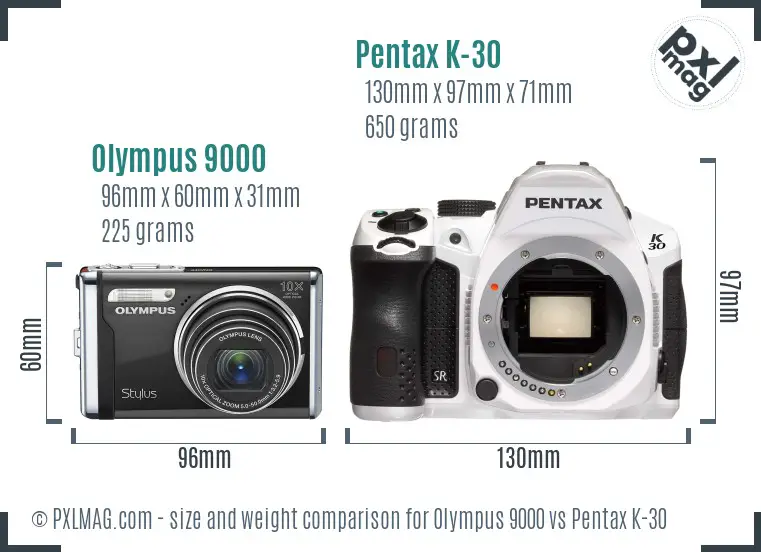 Olympus 9000 vs Pentax K-30 size comparison