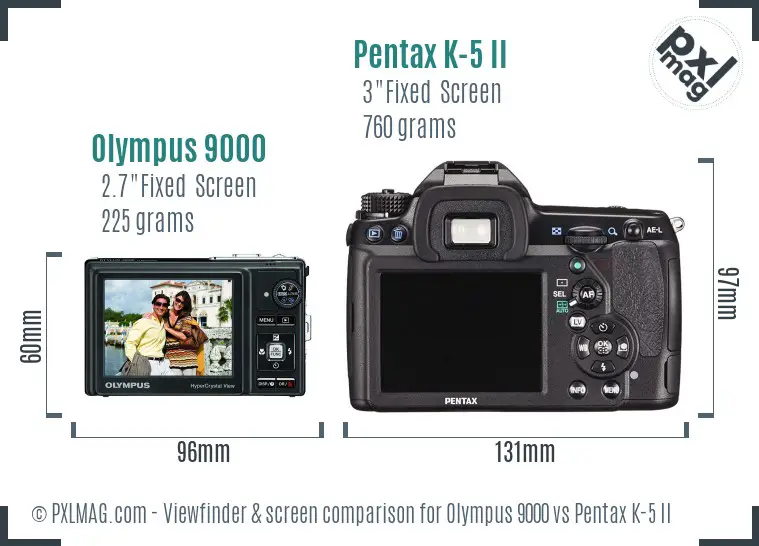 Olympus 9000 vs Pentax K-5 II Screen and Viewfinder comparison