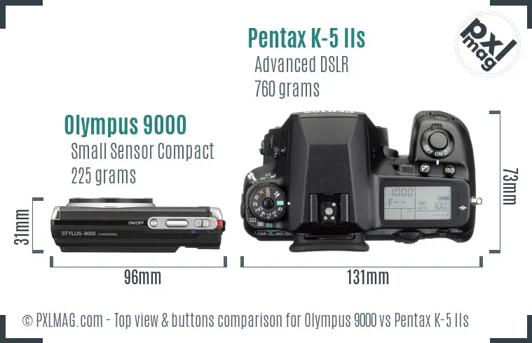 Olympus 9000 vs Pentax K-5 IIs top view buttons comparison