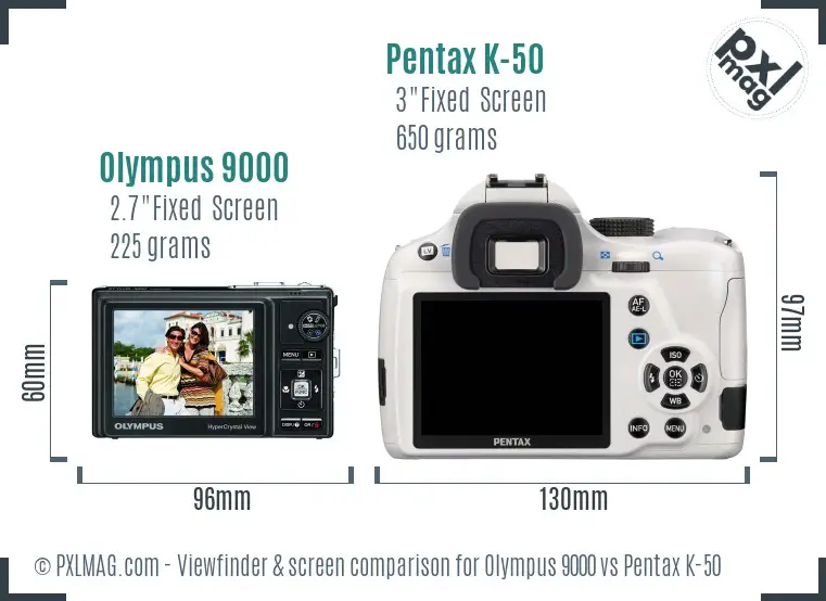 Olympus 9000 vs Pentax K-50 Screen and Viewfinder comparison