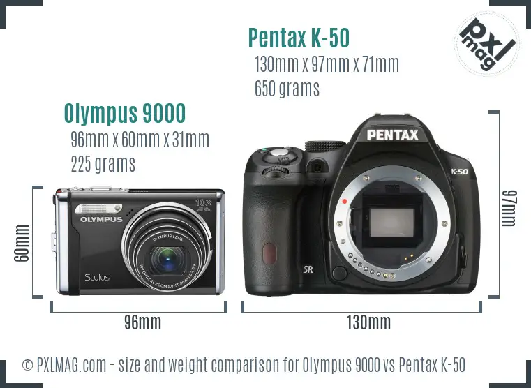Olympus 9000 vs Pentax K-50 size comparison