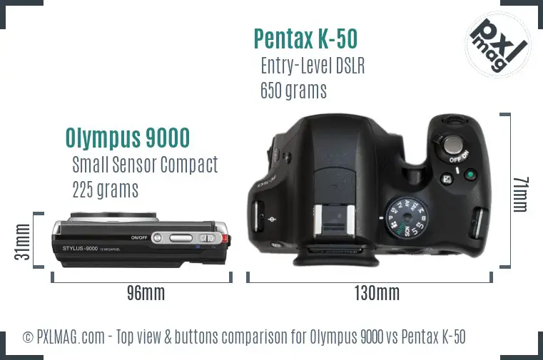 Olympus 9000 vs Pentax K-50 top view buttons comparison