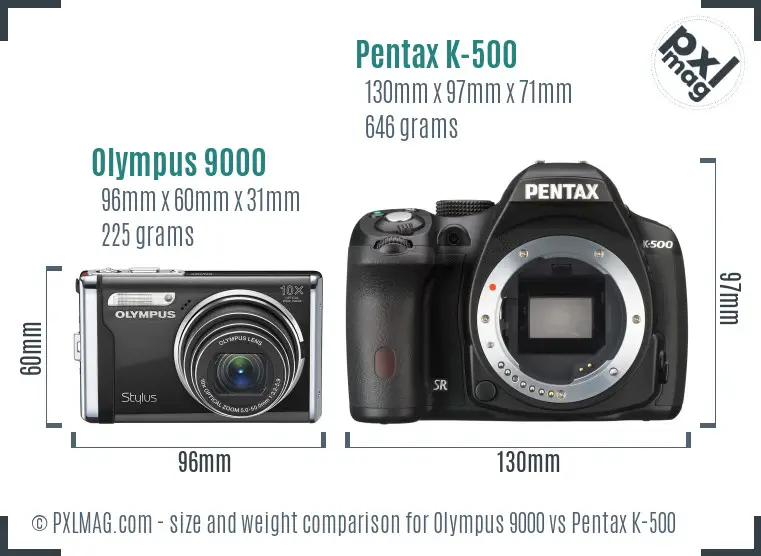 Olympus 9000 vs Pentax K-500 size comparison