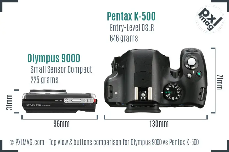 Olympus 9000 vs Pentax K-500 top view buttons comparison