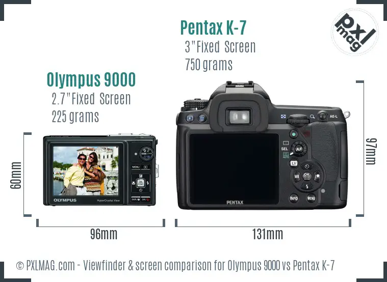 Olympus 9000 vs Pentax K-7 Screen and Viewfinder comparison