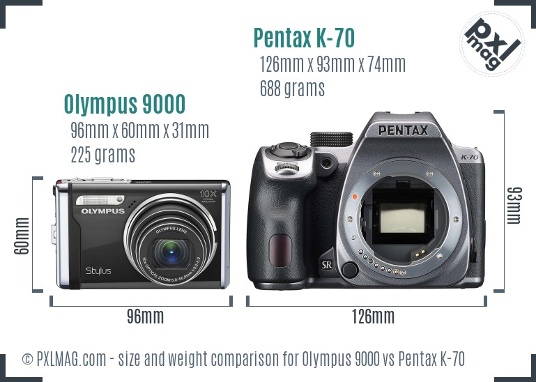 Olympus 9000 vs Pentax K-70 size comparison