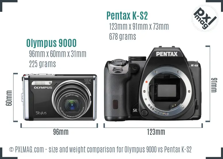 Olympus 9000 vs Pentax K-S2 size comparison
