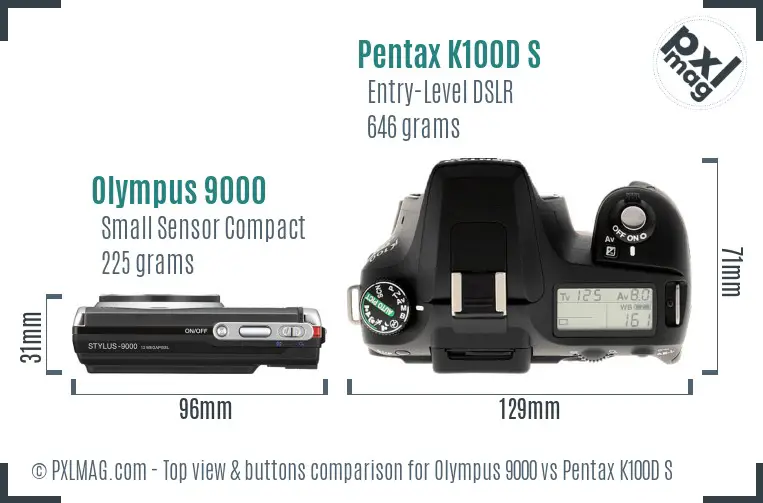 Olympus 9000 vs Pentax K100D S top view buttons comparison