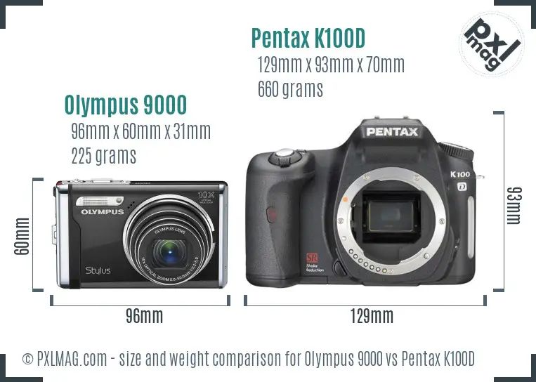 Olympus 9000 vs Pentax K100D size comparison