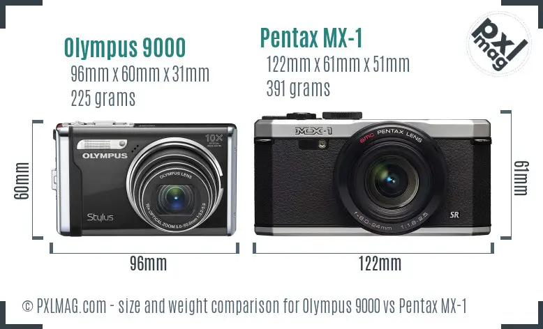 Olympus 9000 vs Pentax MX-1 size comparison