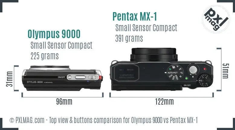 Olympus 9000 vs Pentax MX-1 top view buttons comparison