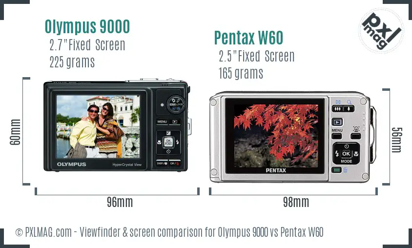Olympus 9000 vs Pentax W60 Screen and Viewfinder comparison