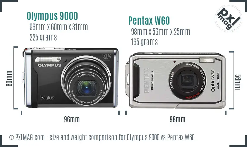 Olympus 9000 vs Pentax W60 size comparison