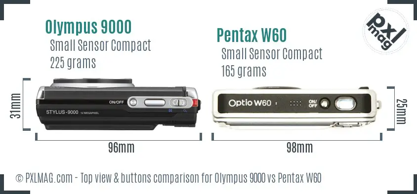 Olympus 9000 vs Pentax W60 top view buttons comparison