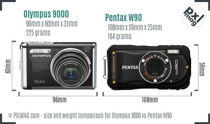 Olympus 9000 vs Pentax W90 size comparison