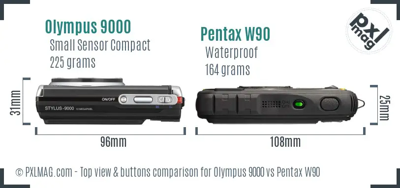 Olympus 9000 vs Pentax W90 top view buttons comparison