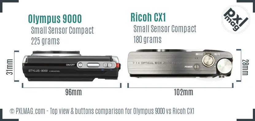 Olympus 9000 vs Ricoh CX1 top view buttons comparison Olympus 9000 vs Ricoh CX1 top view buttons comparison
