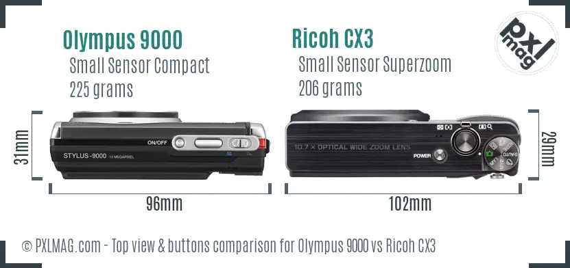 Olympus 9000 vs Ricoh CX3 top view buttons comparison Olympus 9000 vs Ricoh CX3 top view buttons comparison