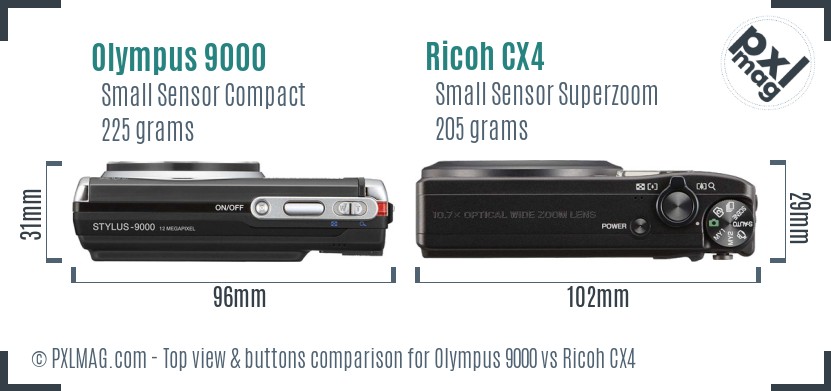 Olympus 9000 vs Ricoh CX4 top view buttons comparison