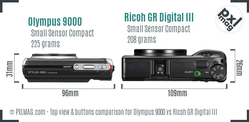 Olympus 9000 vs Ricoh GR Digital III top view buttons comparison