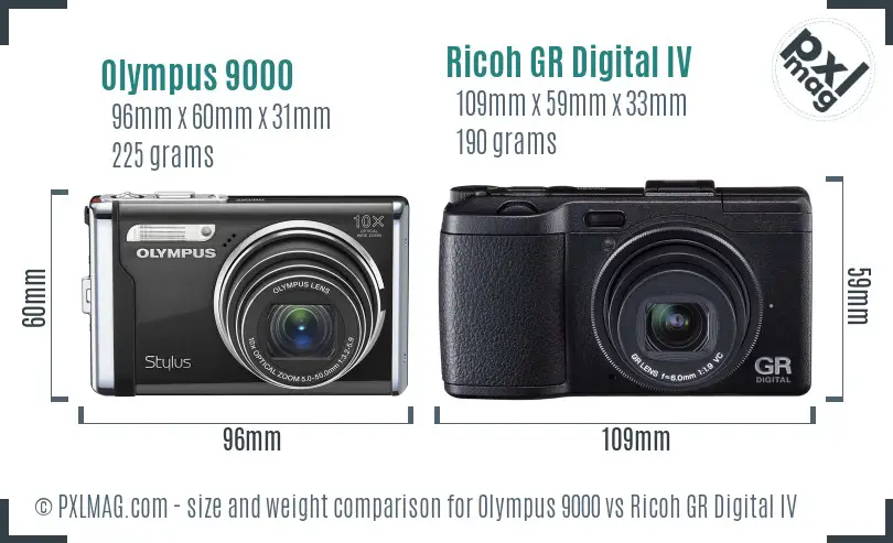 Olympus 9000 vs Ricoh GR Digital IV size comparison