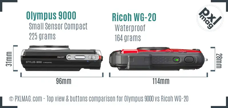 Olympus 9000 vs Ricoh WG-20 top view buttons comparison