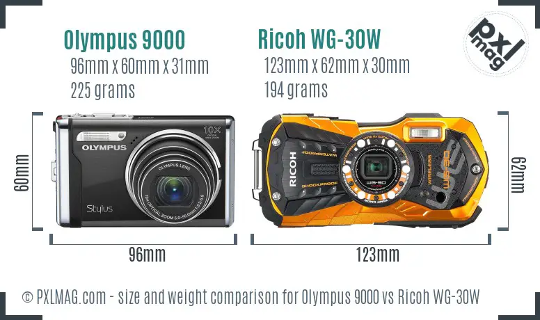 Olympus 9000 vs Ricoh WG-30W size comparison