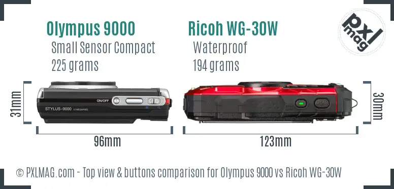 Olympus 9000 vs Ricoh WG-30W top view buttons comparison
