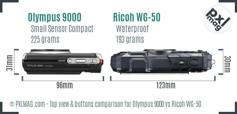 Olympus 9000 vs Ricoh WG-50 top view buttons comparison