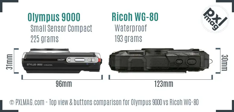 Olympus 9000 vs Ricoh WG-80 top view buttons comparison