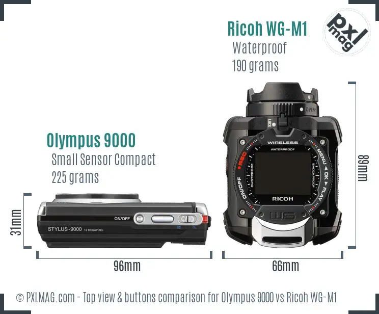 Olympus 9000 vs Ricoh WG-M1 top view buttons comparison Olympus 9000 vs Ricoh WG-M1 top view buttons comparison
