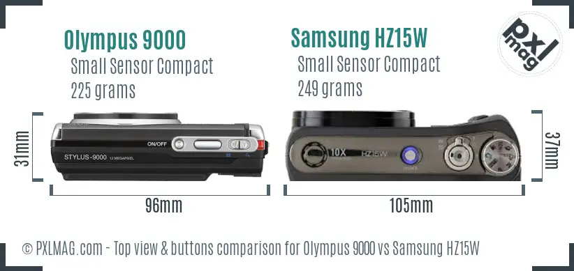 Olympus 9000 vs Samsung HZ15W top view buttons comparison