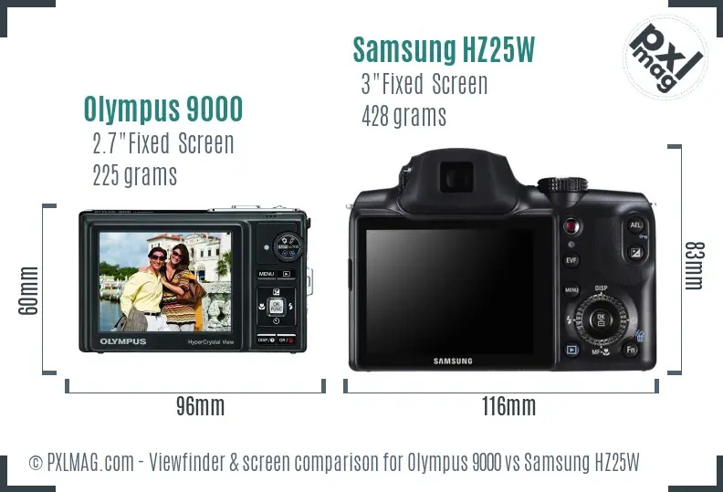 Olympus 9000 vs Samsung HZ25W Screen and Viewfinder comparison