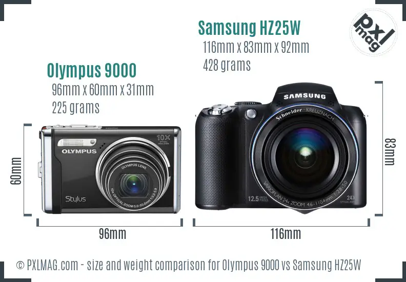 Olympus 9000 vs Samsung HZ25W size comparison