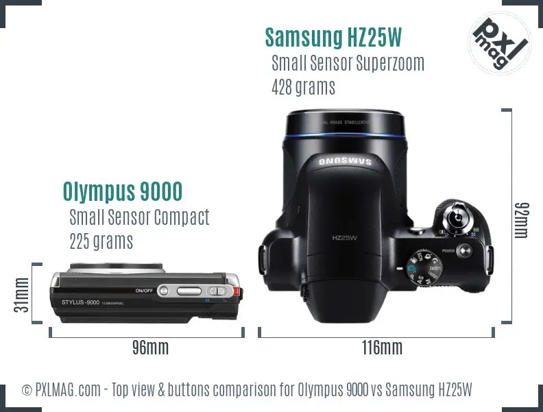 Olympus 9000 vs Samsung HZ25W top view buttons comparison