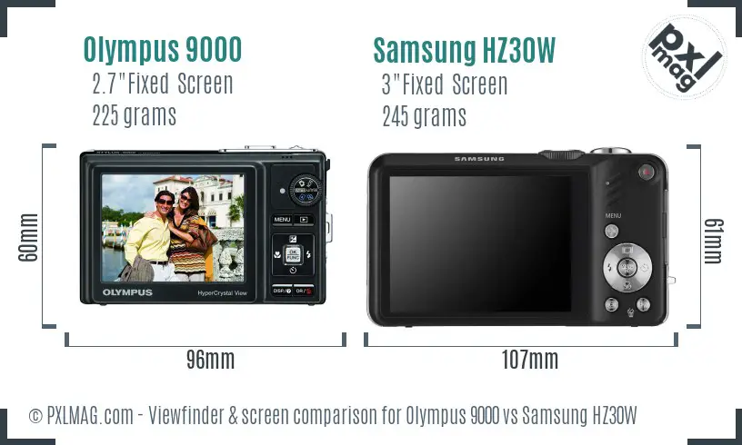 Olympus 9000 vs Samsung HZ30W Screen and Viewfinder comparison