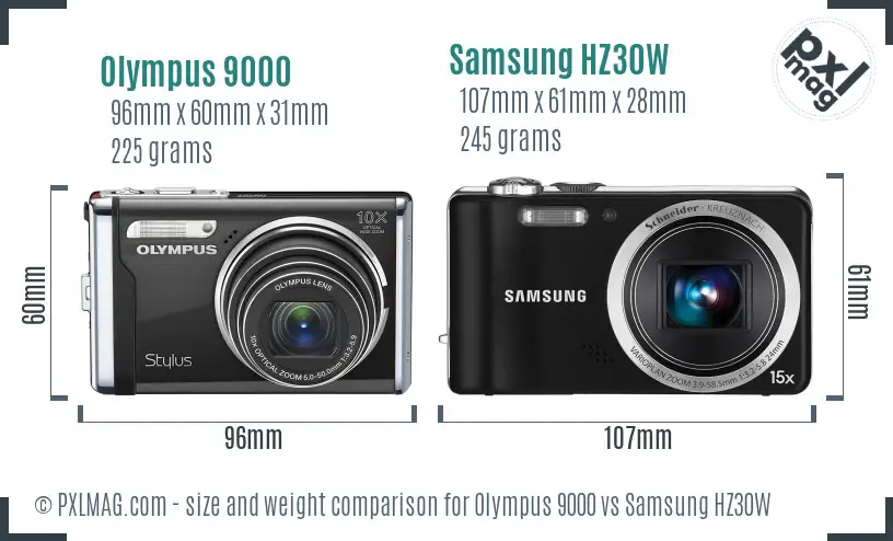 Olympus 9000 vs Samsung HZ30W size comparison