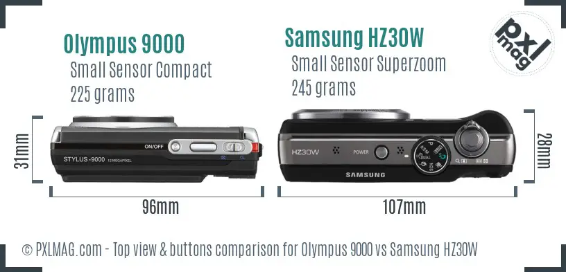 Olympus 9000 vs Samsung HZ30W top view buttons comparison