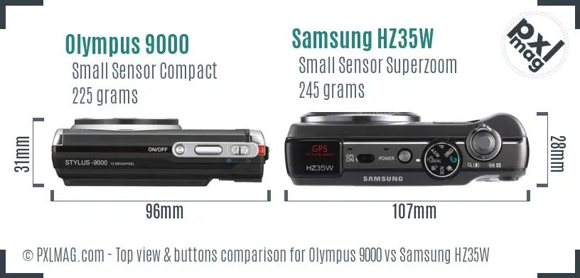 Olympus 9000 vs Samsung HZ35W top view buttons comparison