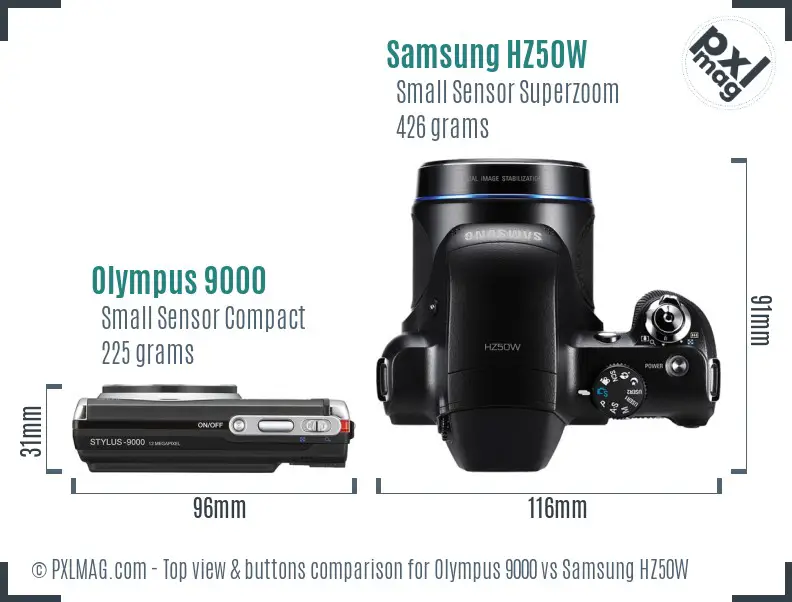Olympus 9000 vs Samsung HZ50W top view buttons comparison Olympus 9000 vs Samsung HZ50W top view buttons comparison