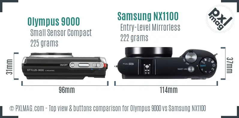 Olympus 9000 vs Samsung NX1100 top view buttons comparison Olympus 9000 vs Samsung NX1100 top view buttons comparison