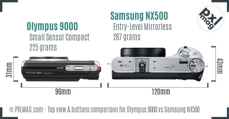 Olympus 9000 vs Samsung NX500 top view buttons comparison
