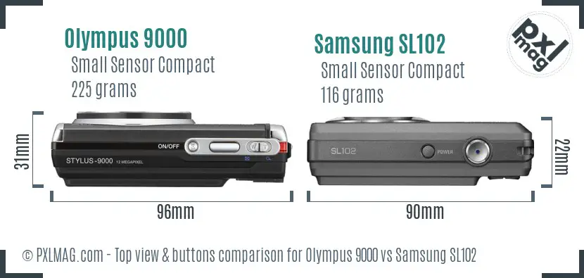 Olympus 9000 vs Samsung SL102 top view buttons comparison