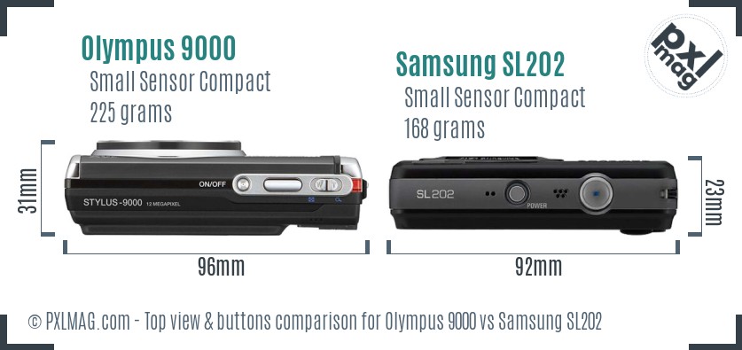 Olympus 9000 vs Samsung SL202 top view buttons comparison