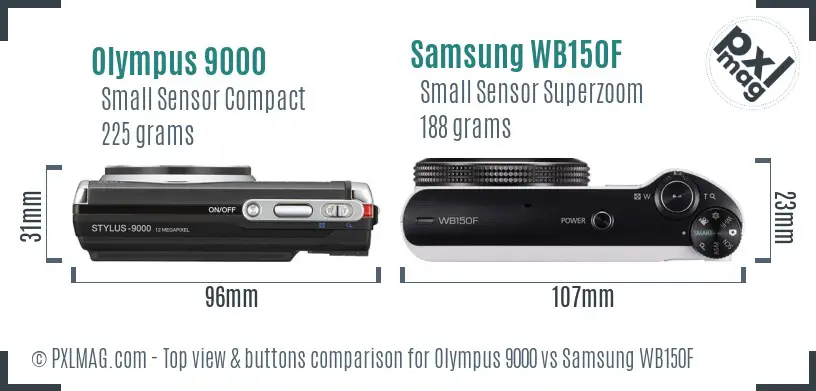 Olympus 9000 vs Samsung WB150F top view buttons comparison