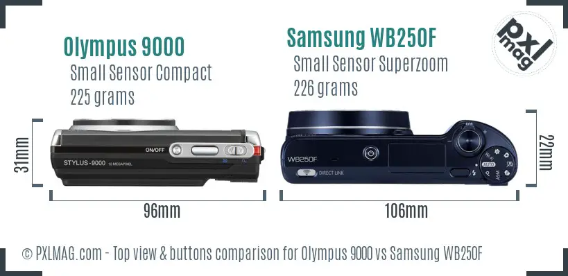 Olympus 9000 vs Samsung WB250F top view buttons comparison Olympus 9000 vs Samsung WB250F top view buttons comparison